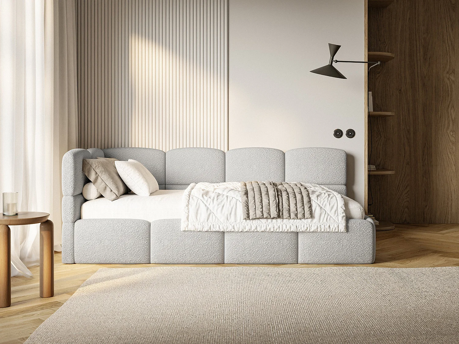 Lit ado 120x200 cm – tête de lit à gauche – bouclé gris clair – CLOUDY