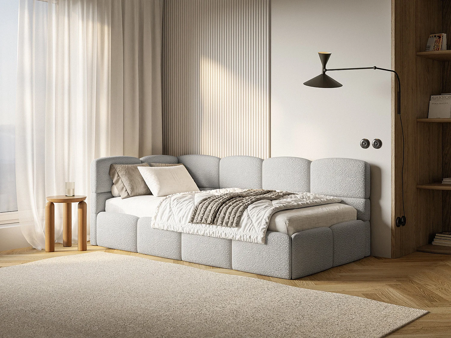 Lit ado 120x200 cm – tête de lit à gauche – bouclé gris clair – CLOUDY