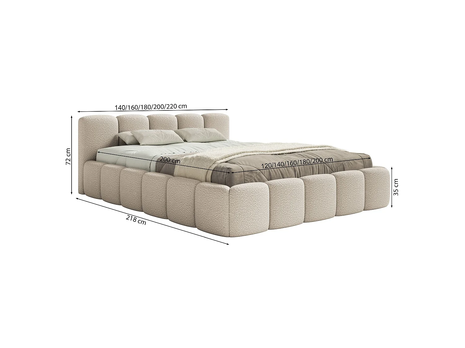Lit rembourré 120x200 – Bouclé Beige clair – Cloudy