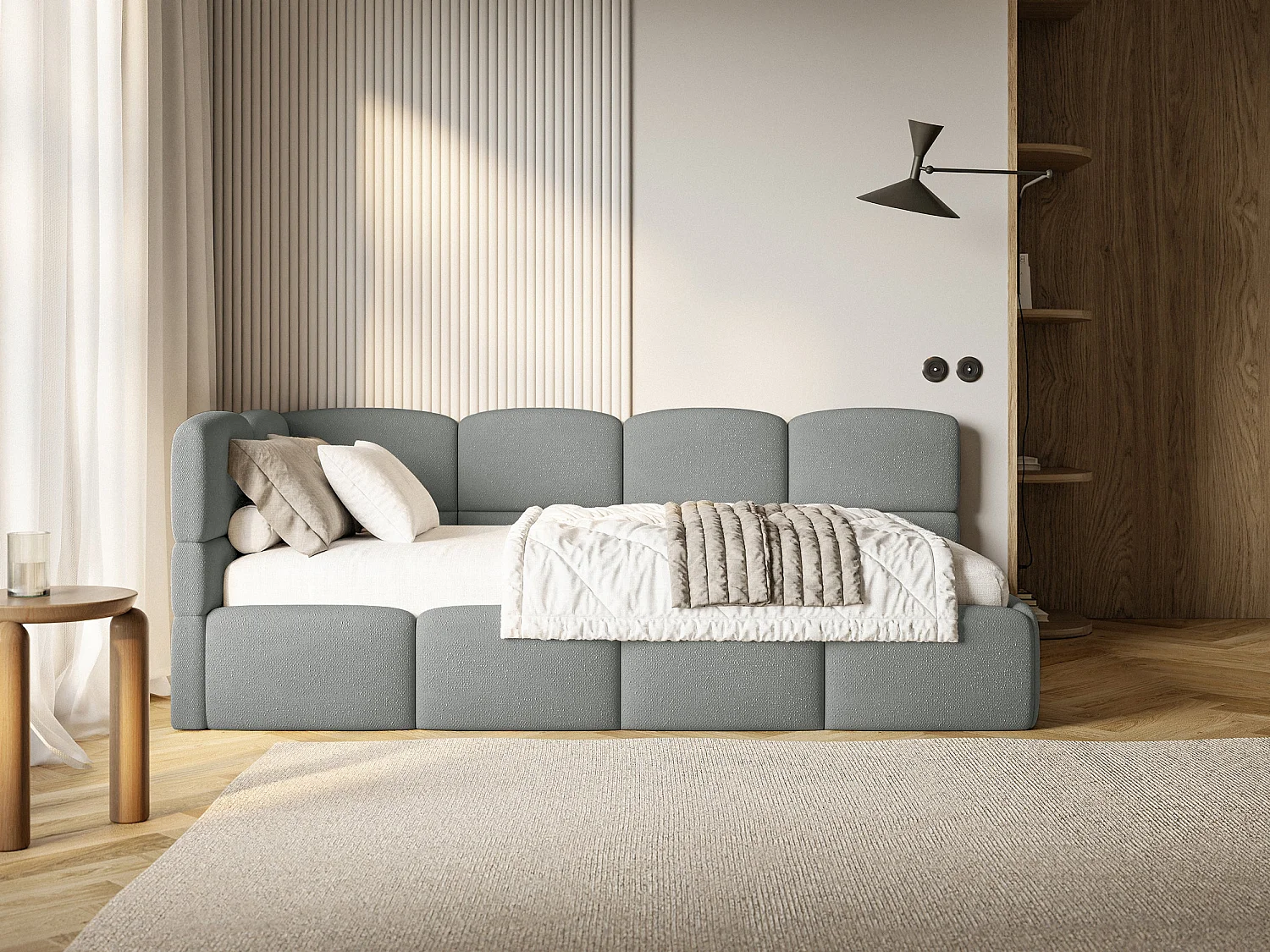 Jugendbett 120x200 Kopfteil links – Matratze & Stauraum – Chenille Dunkelgrau – CLOUDY