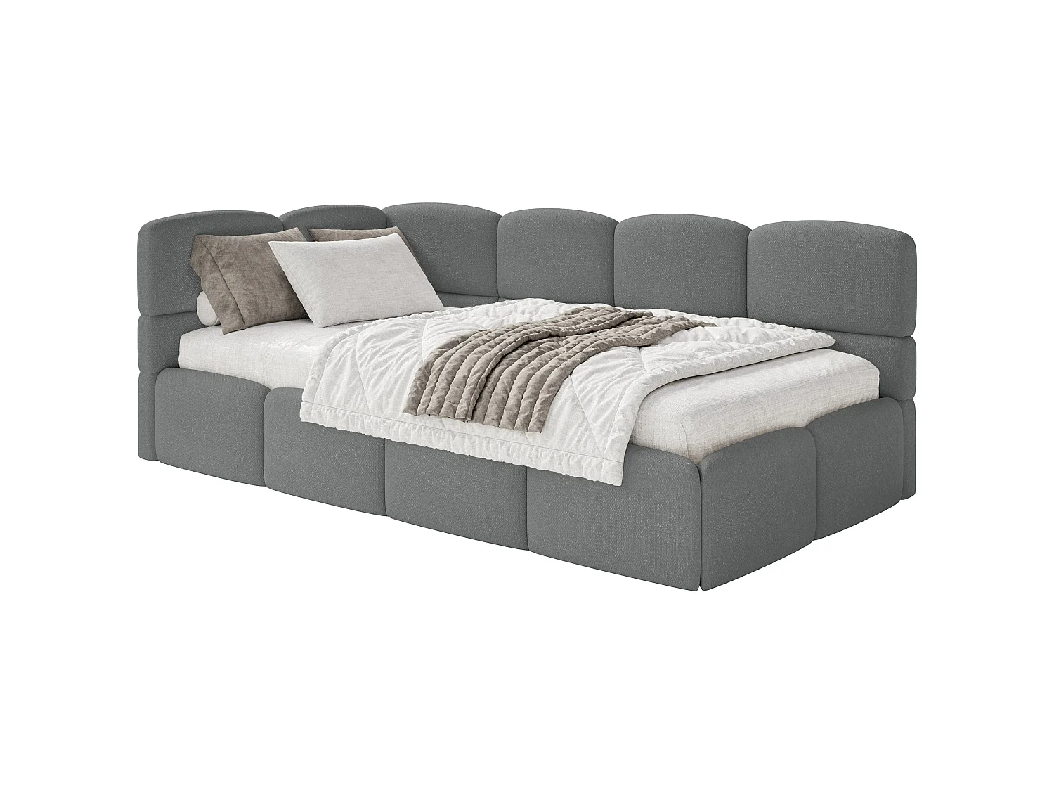 Jugendbett 120x200 Kopfteil links – Matratze & Stauraum – Chenille Dunkelgrau – CLOUDY