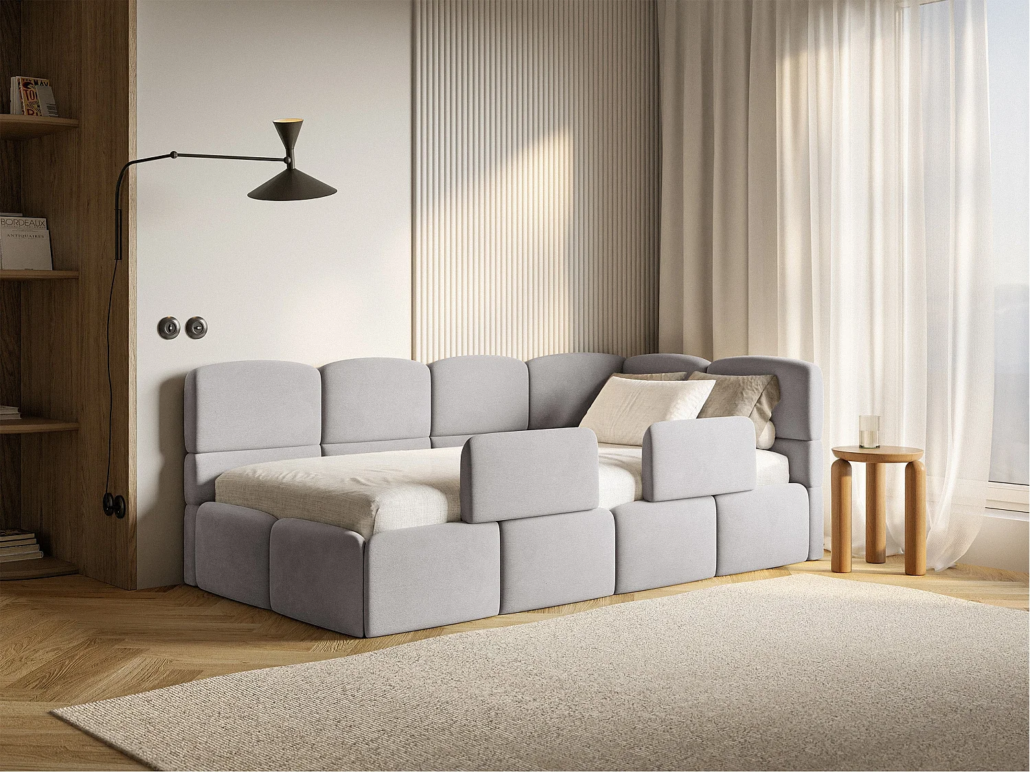 Lit enfant 120x200 cm – tête de lit à droite – 2 barrières – velours gris clair – CLOUDY