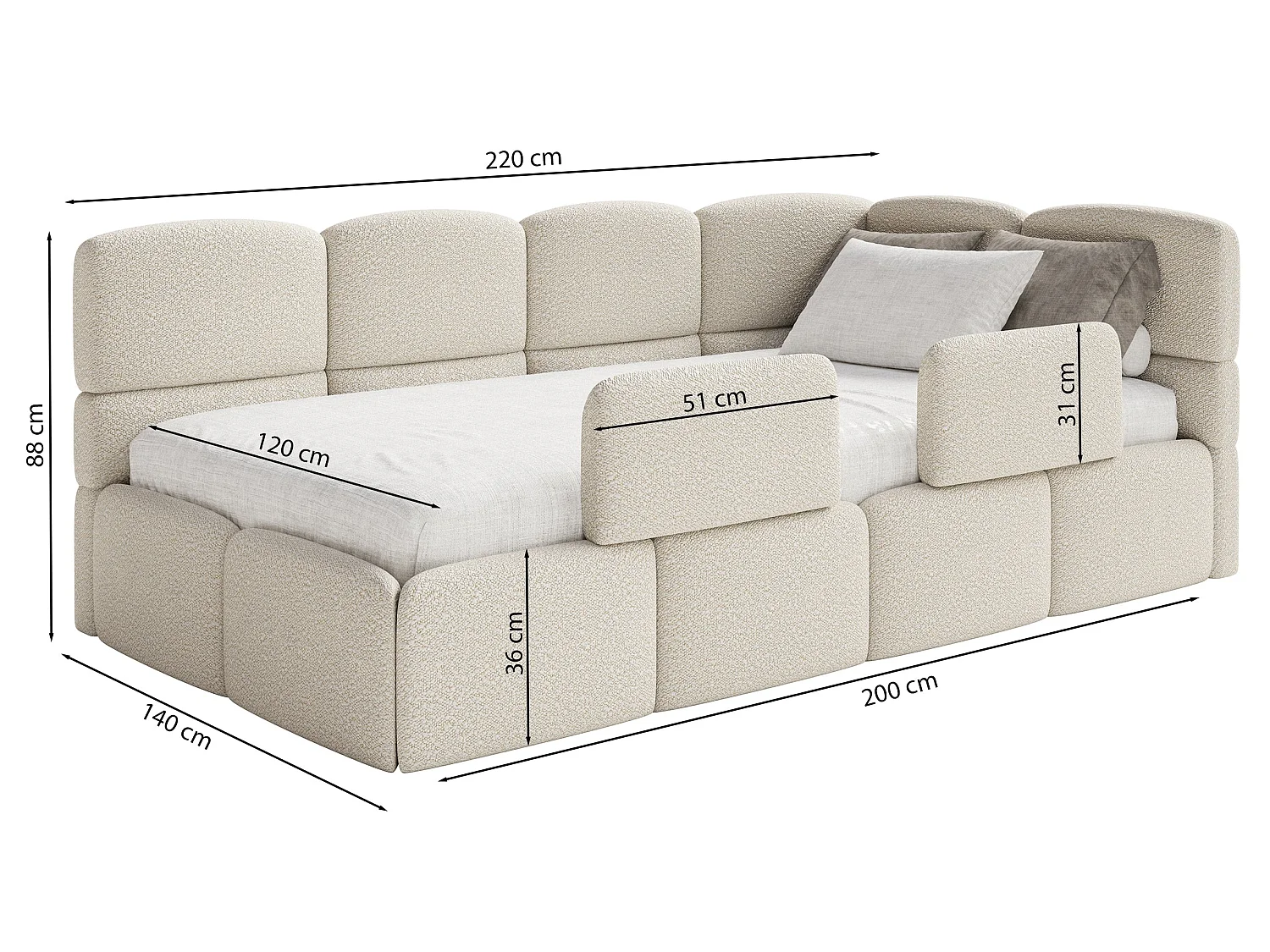 Lit enfant 120x200 cm – tête de lit à droite – 2 barrières – velours gris clair – CLOUDY