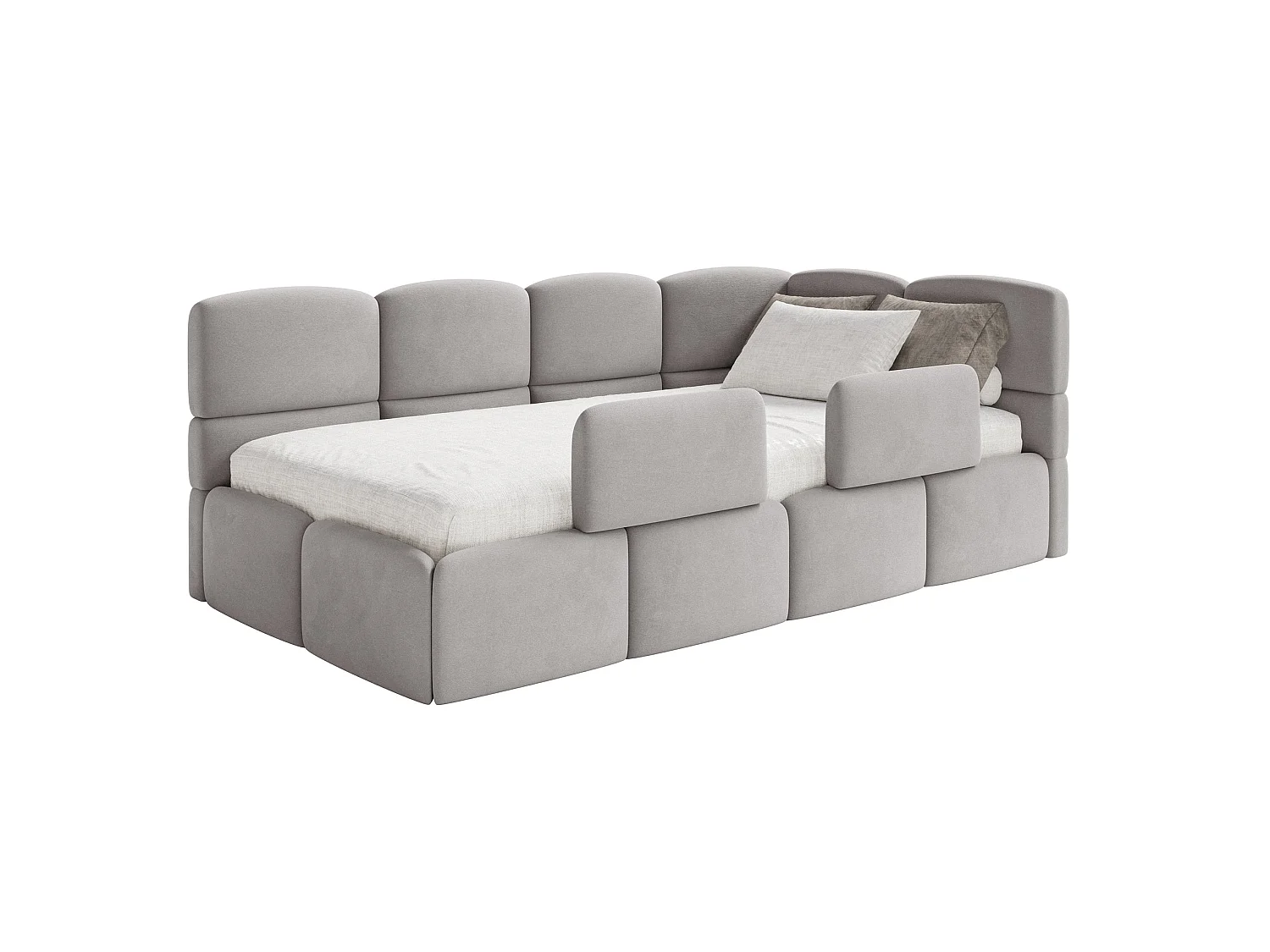 Lit enfant 120x200 cm – tête de lit à droite – 2 barrières – velours gris clair – CLOUDY
