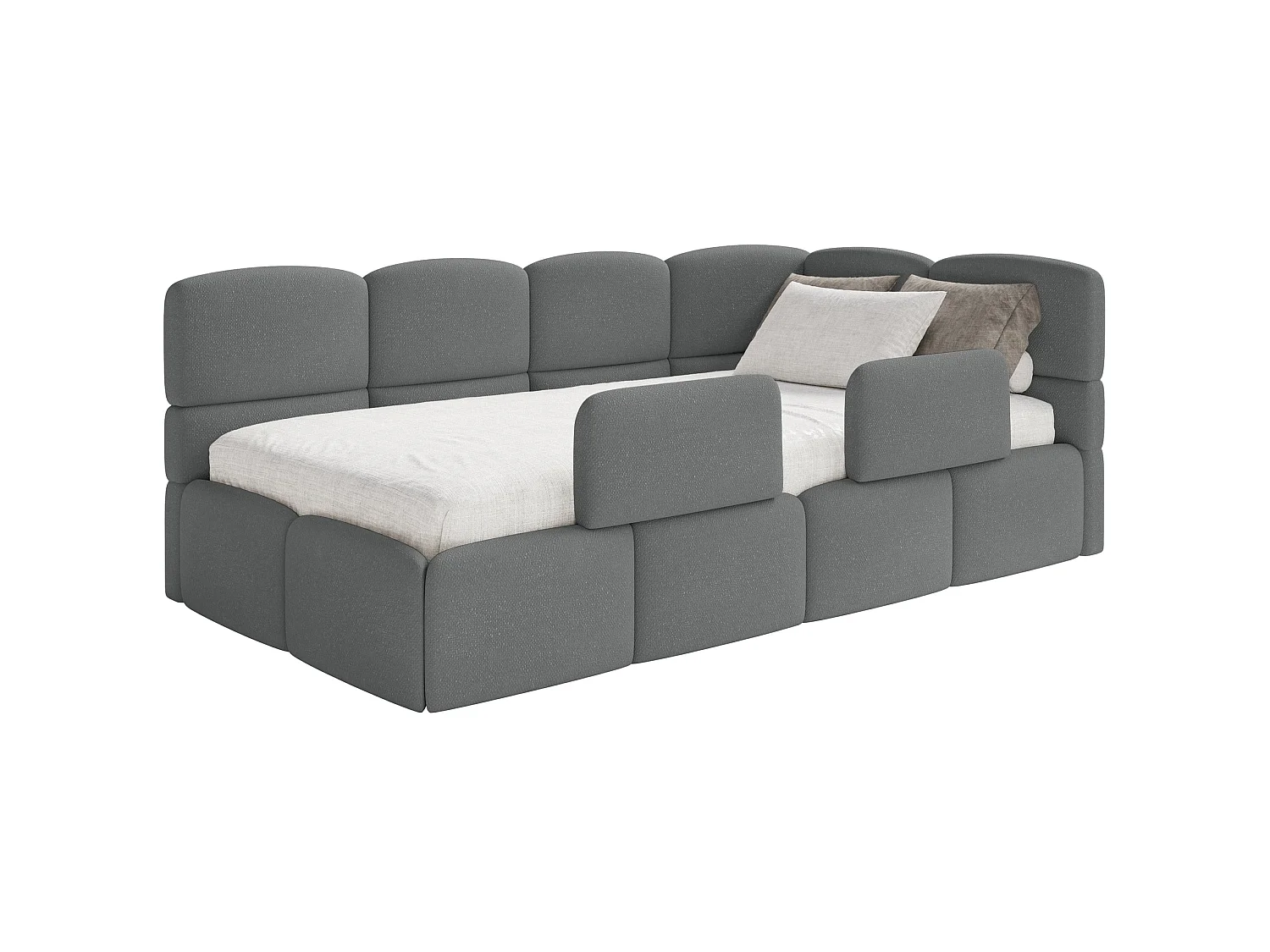 Kinderbett 120 cm – Bettkasten – 2x Rausfallschutz – Chenille – rechts – DunkelGrau – CLOUDY