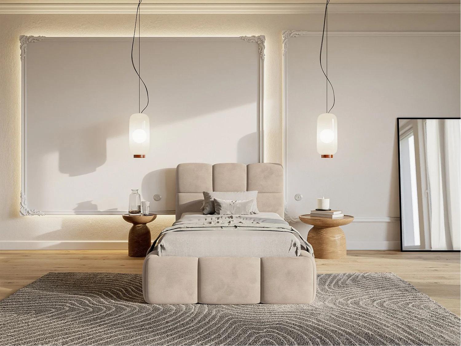 Lit rembourré 90x200 – Velours Beige – CLOUDY