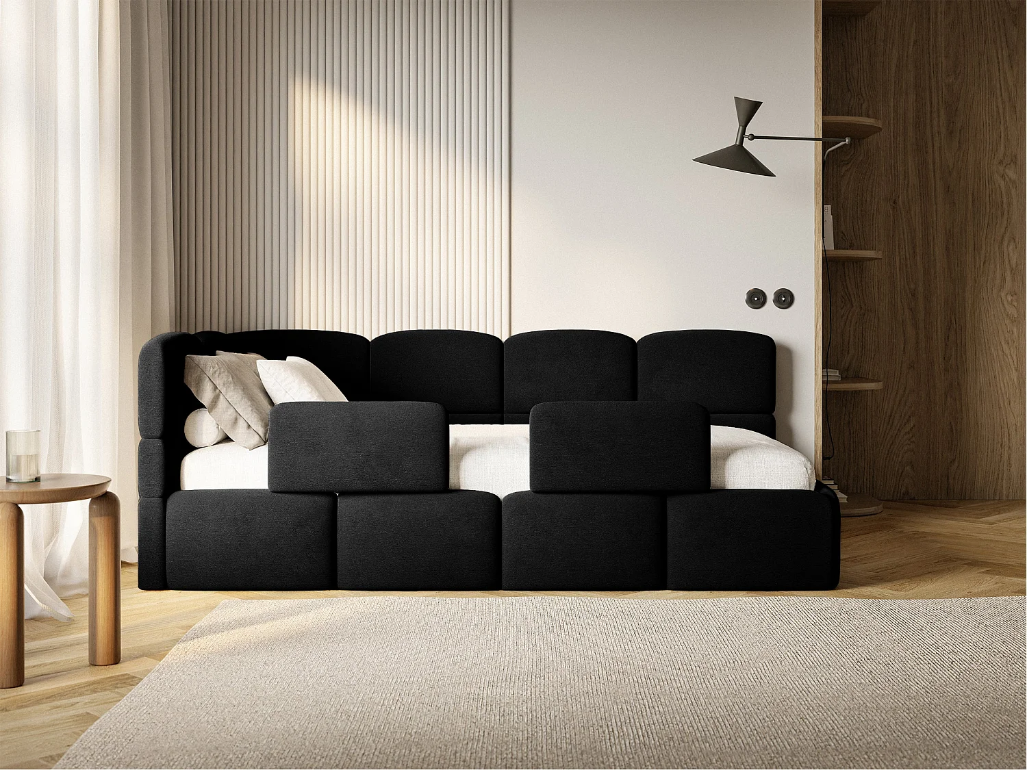 Lit enfant 90x200 – avec matelas & barrière – tête de lit à gauche – velours Noir – CLOUDY
