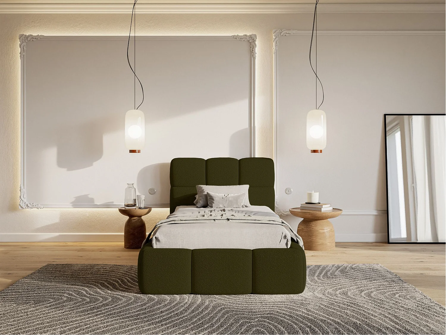 Lit rembourré 90x200 – avec coffre – Bouclé Vert olive – CLOUDY