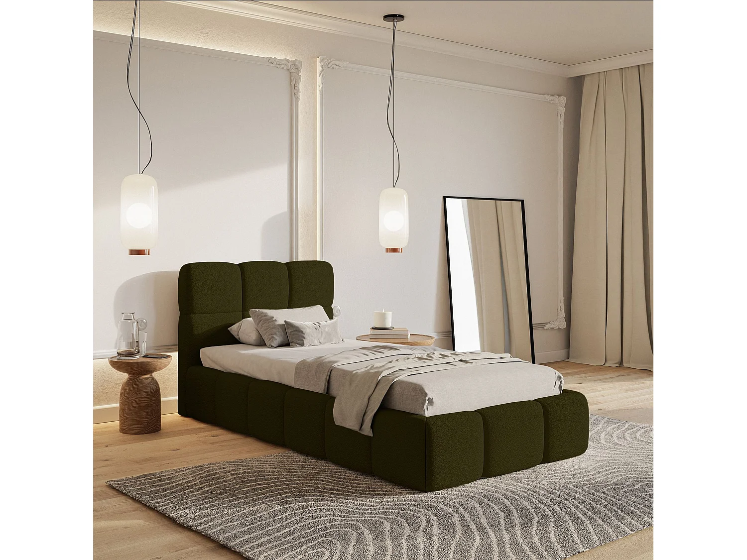 Lit rembourré 90x200 – avec coffre – Bouclé Vert olive – CLOUDY