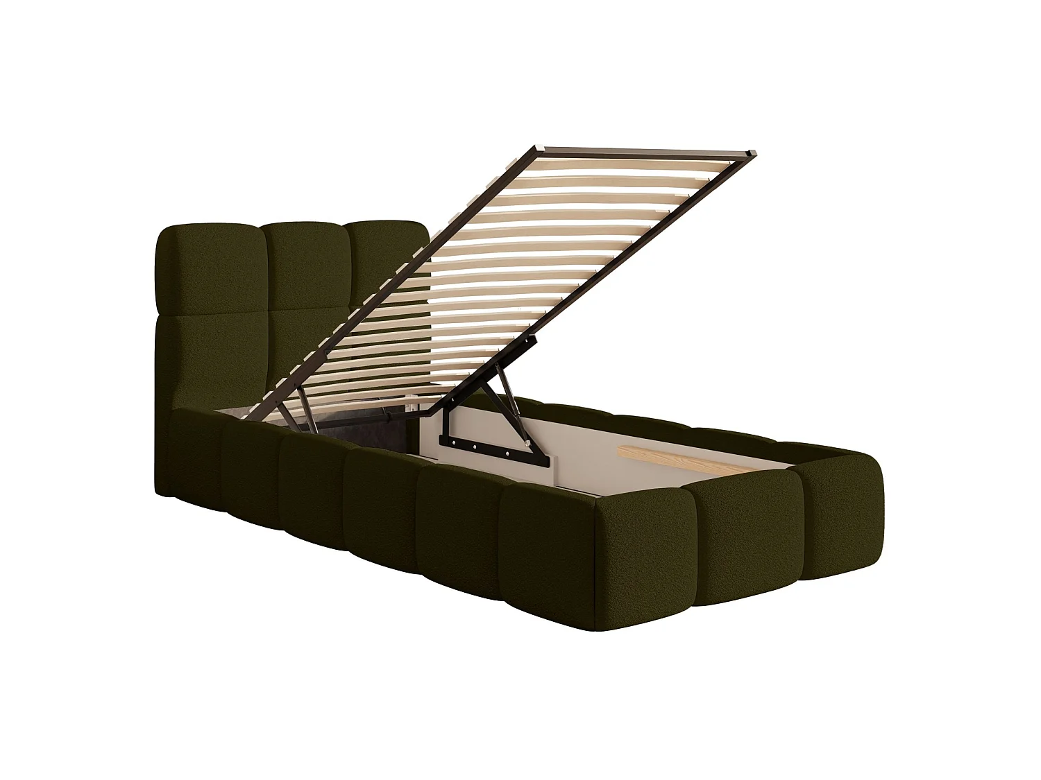 Lit rembourré 90x200 – avec coffre – Bouclé Vert olive – CLOUDY