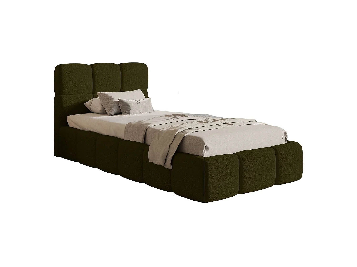 Lit rembourré 90x200 – avec coffre – Bouclé Vert olive – CLOUDY