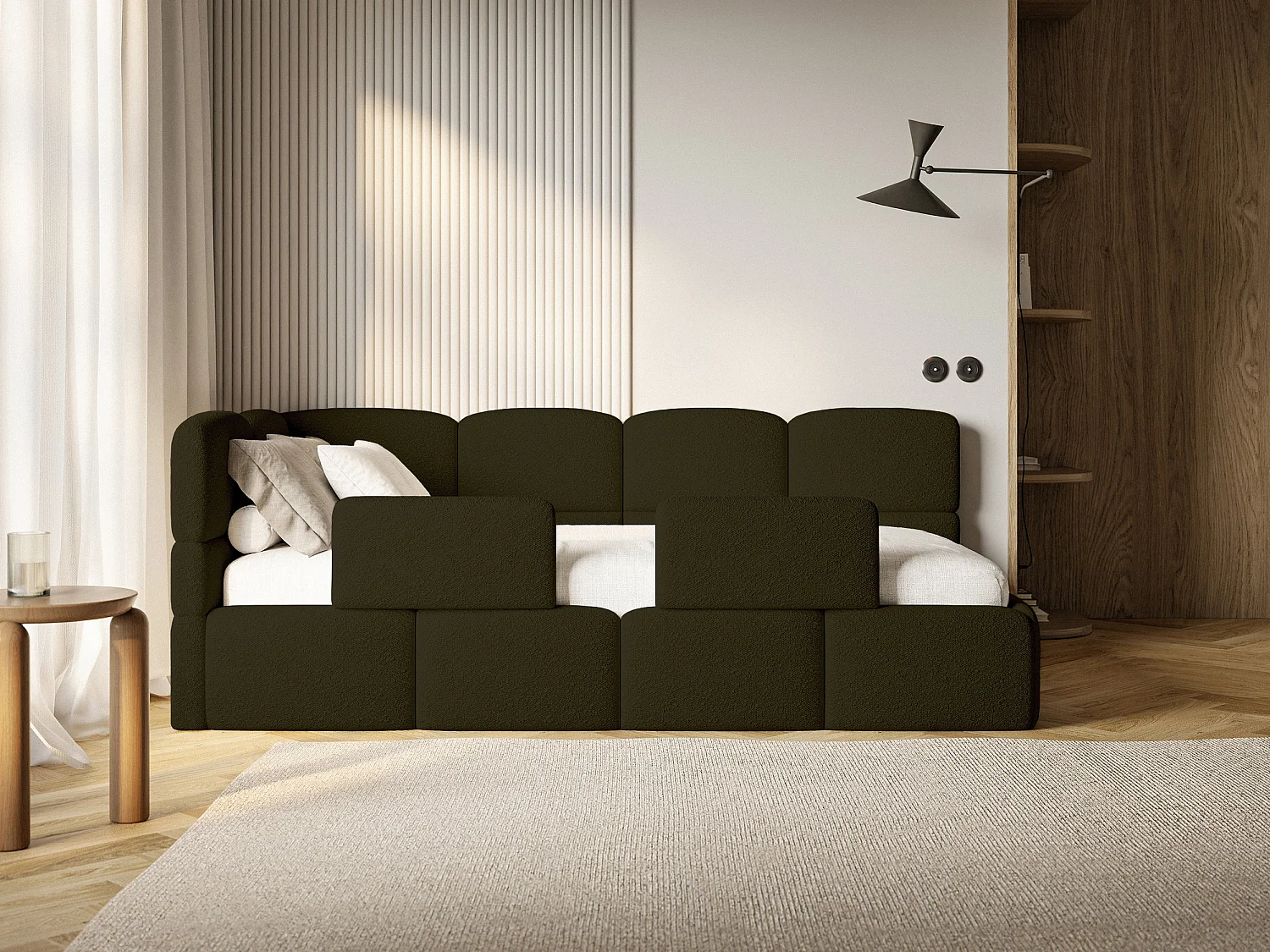 Lit enfant 120x200 cm – tête de lit à gauche – 2 barrières – bouclé vert olive – CLOUDY