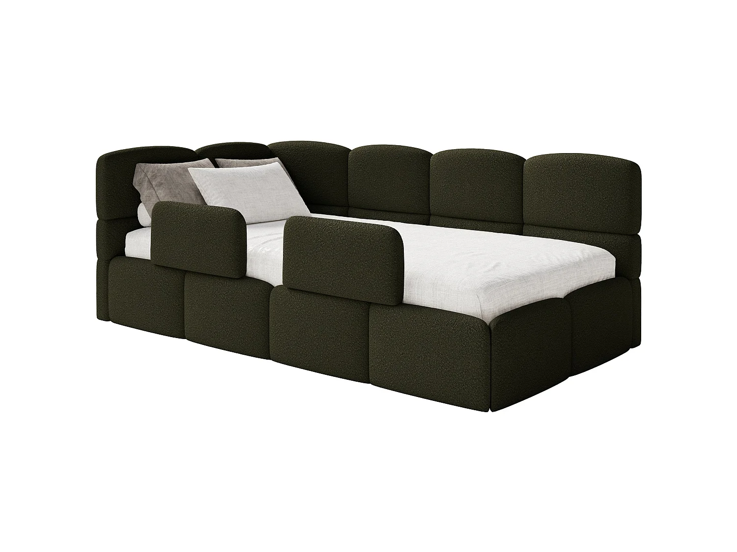 Lit enfant 120x200 cm – tête de lit à gauche – 2 barrières – bouclé vert olive – CLOUDY