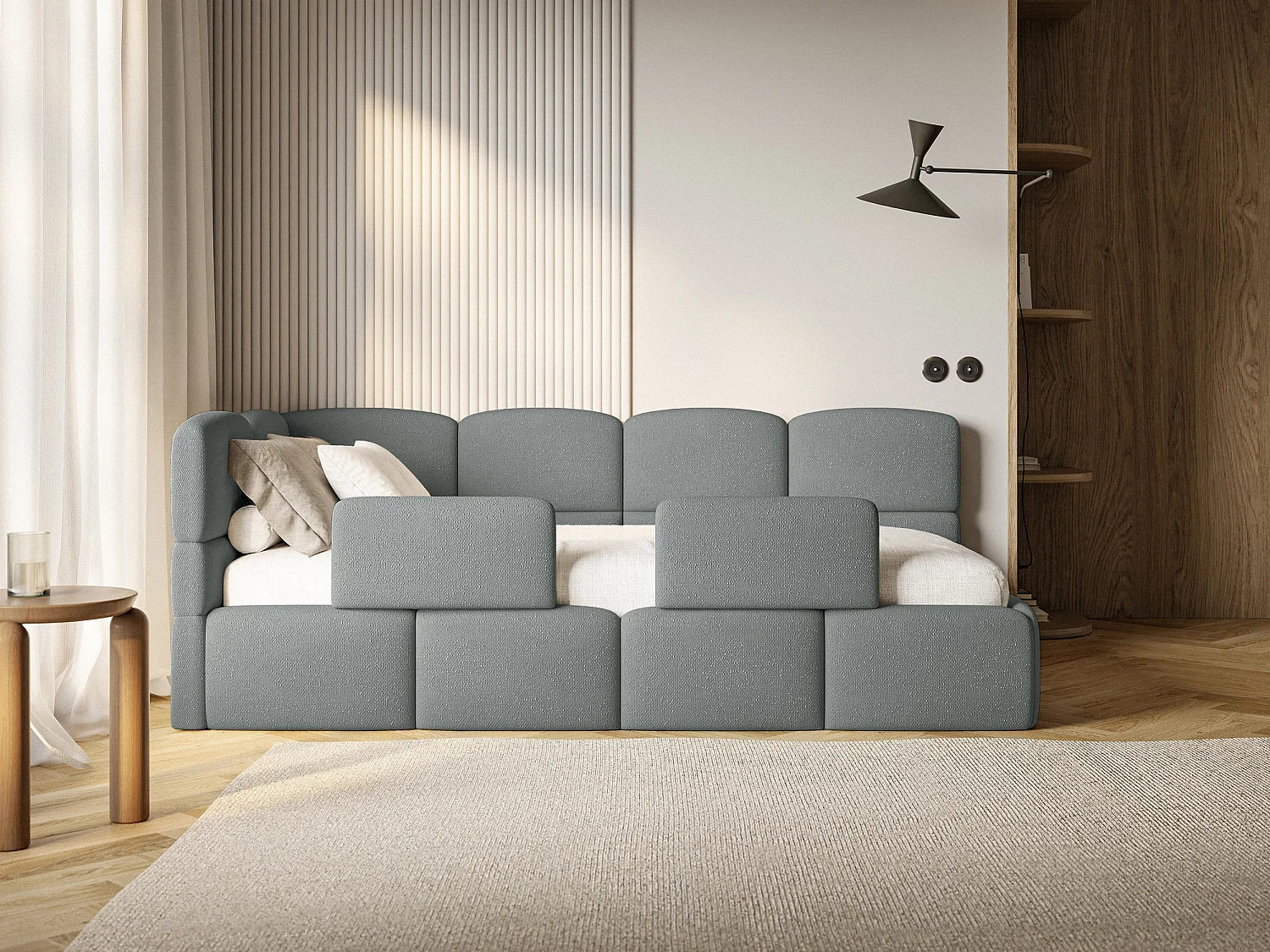 Kinderbett 120 cm – Bettkasten – 2x Rausfallschutz – Chenille – links – DunkelGrau – CLOUDY
