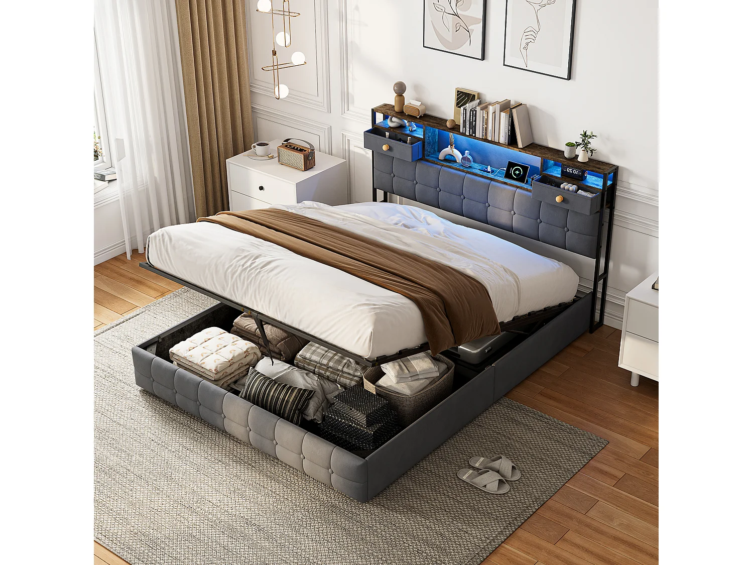 LED Lit 160x200 avec ports USB, Lit avec rangement&tête de lit avec étagères et tiroir, cadre de lit double avec sommier Gris velours