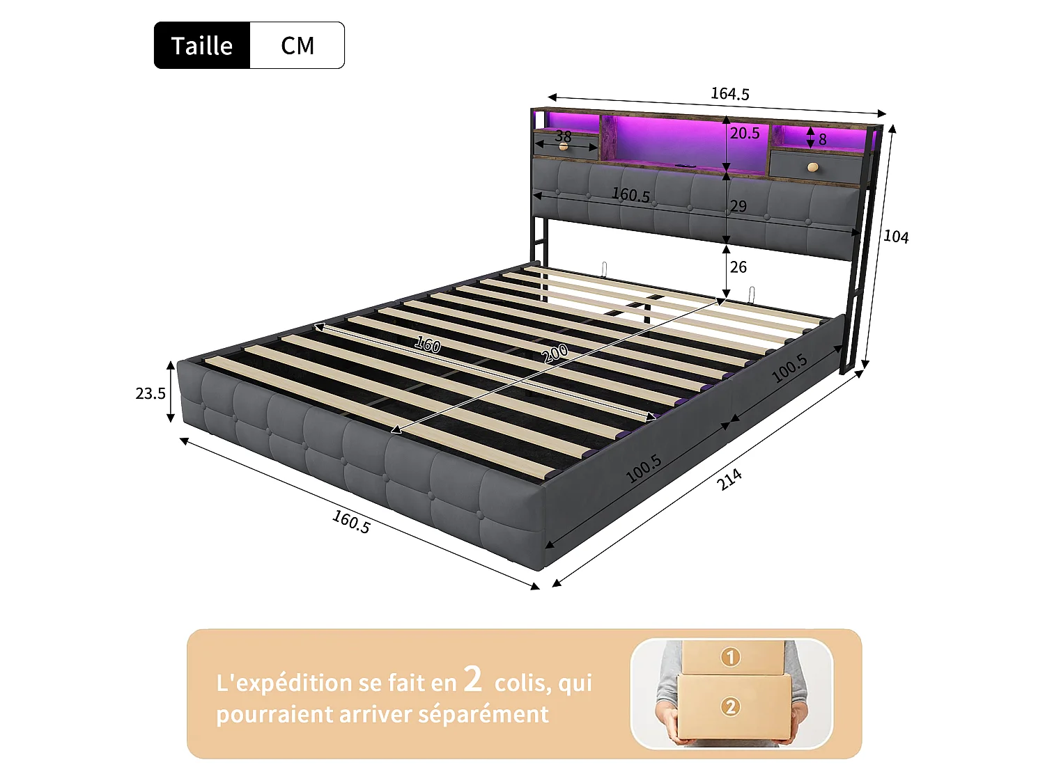 LED Lit 160x200 avec ports USB, Lit avec rangement&tête de lit avec étagères et tiroir, cadre de lit double avec sommier Gris velours