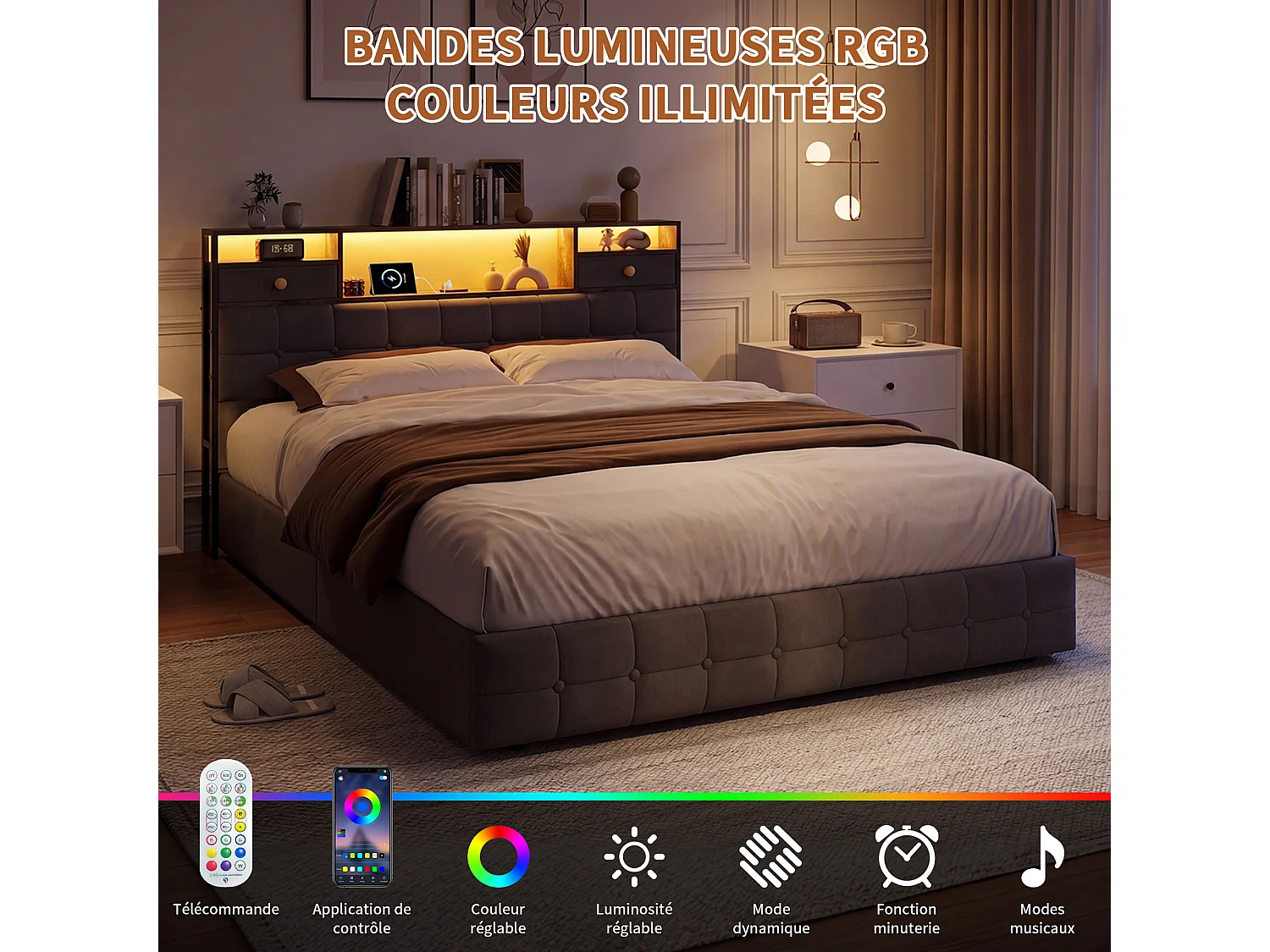 LED Lit 160x200 avec ports USB, Lit avec rangement&tête de lit avec étagères et tiroir, cadre de lit double avec sommier Gris velours