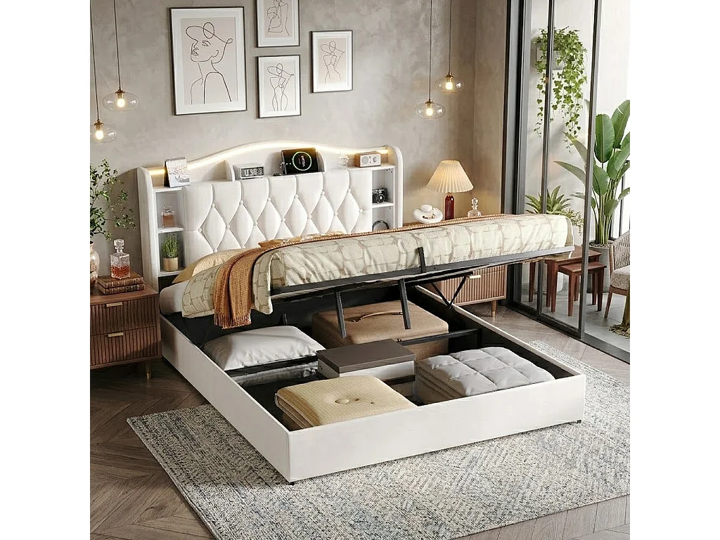 Lit Coffre 140x200 avec Lumières LED, lit Double Hydraulique avec Prises USB, Cadre de Lit adulte avec Sommier à Lattes, Tête de lit, Beige