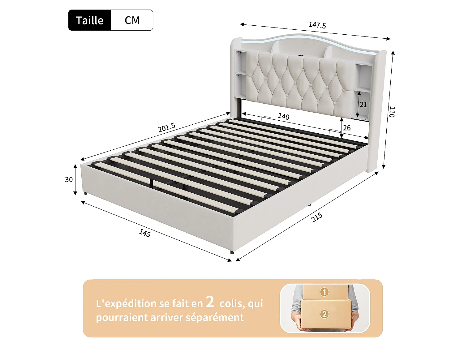 Lit Coffre 140x200 avec Lumières LED, lit Double Hydraulique avec Prises USB, Cadre de Lit adulte avec Sommier à Lattes, Tête de lit, Beige