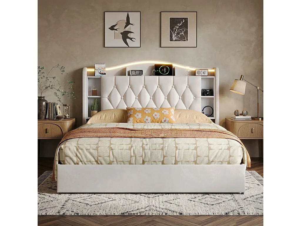 Lit Coffre 140x200 avec Lumières LED, lit Double Hydraulique avec Prises USB, Cadre de Lit adulte avec Sommier à Lattes, Tête de lit, Beige