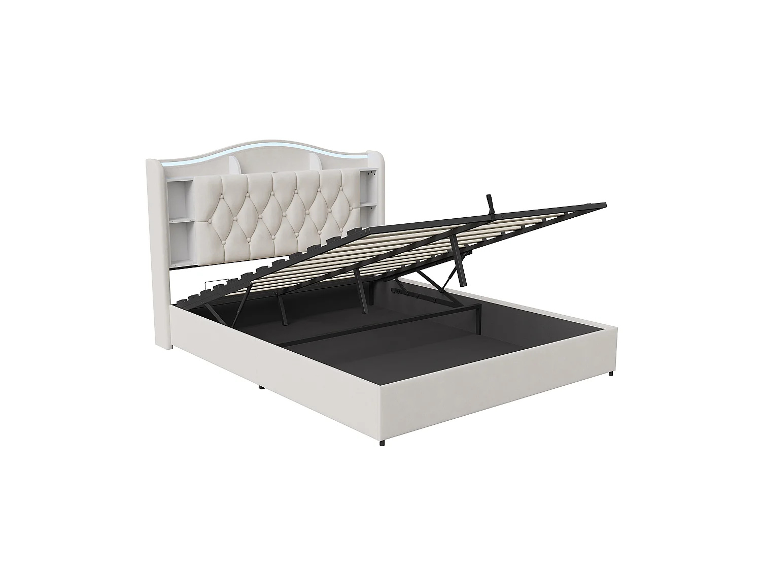Lit Coffre 140x200 avec Lumières LED, lit Double Hydraulique avec Prises USB, Cadre de Lit adulte avec Sommier à Lattes, Tête de lit, Beige