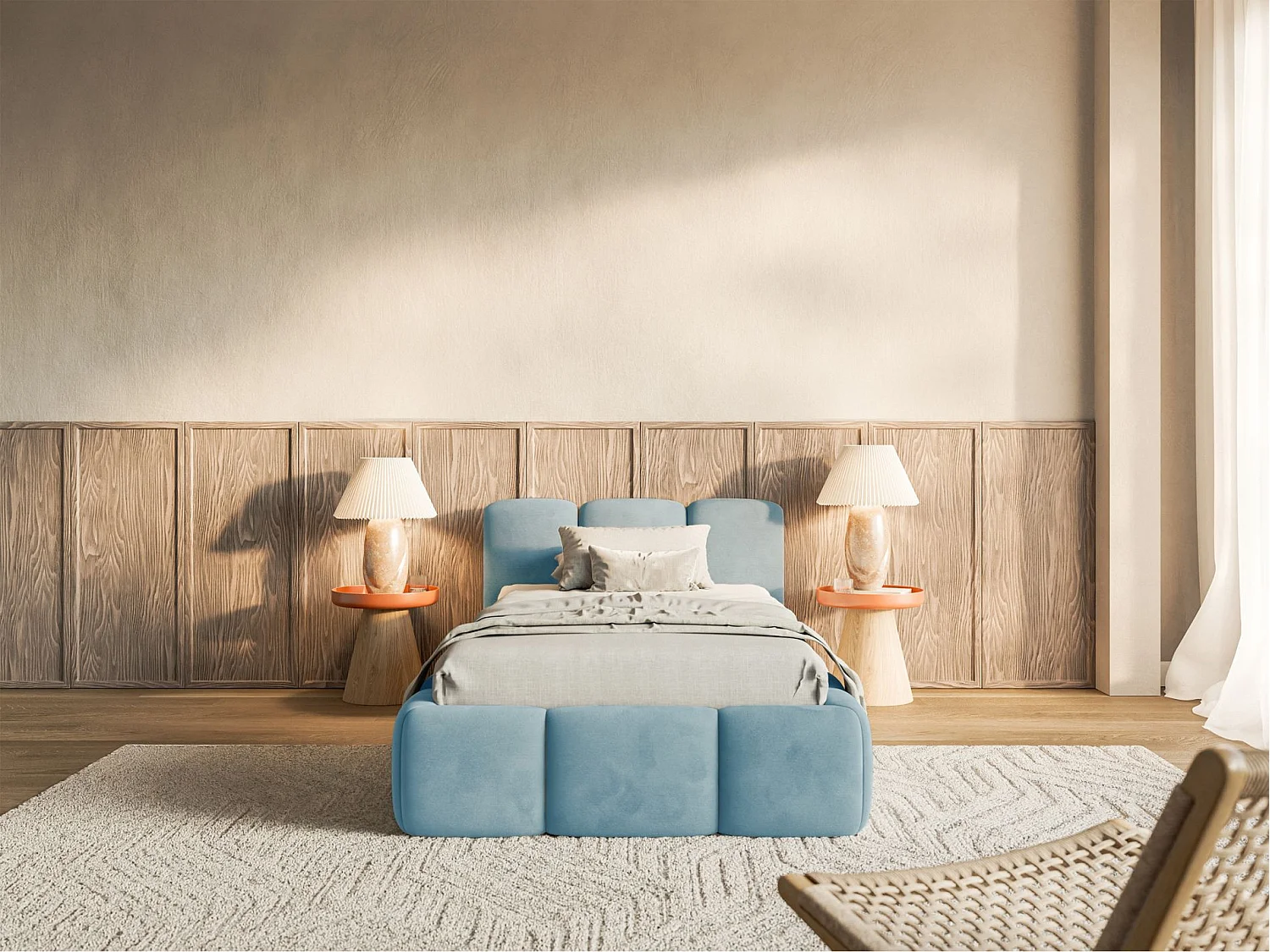 Lit rembourré 90x200 – Velours Bleu clair – CLOUDY LOW