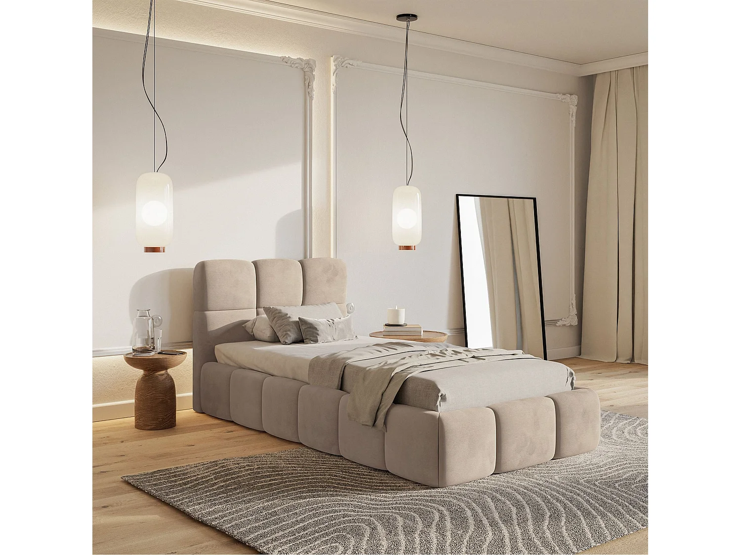 Gestoffeerd bed 90x200 cm – opbergruimte – Fluweel Beige – CLOUDY