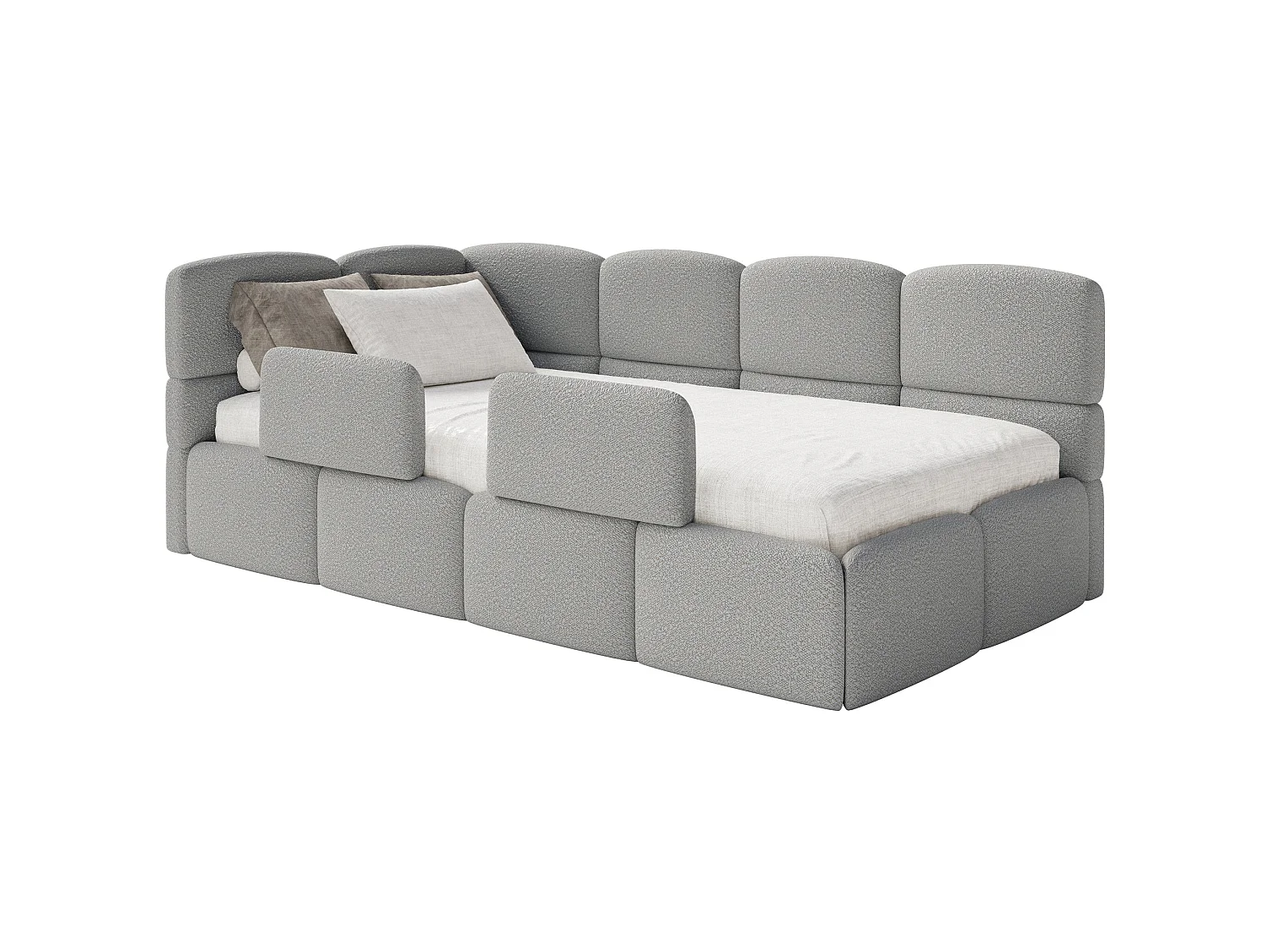 Kinderbed 120 cm – Opbergbak – 2x Uitvalbeveiliging – Bouclé – links – Grijs – CLOUDY