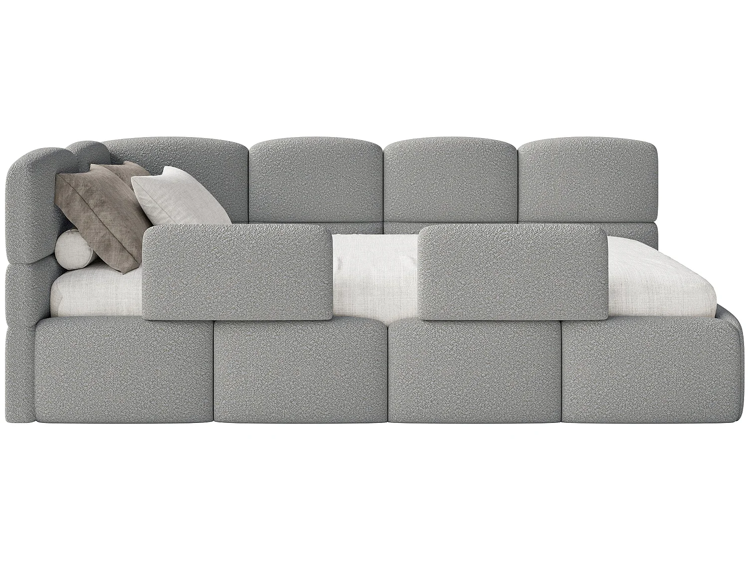 Kinderbed 120 cm – Opbergbak – 2x Uitvalbeveiliging – Bouclé – links – Grijs – CLOUDY