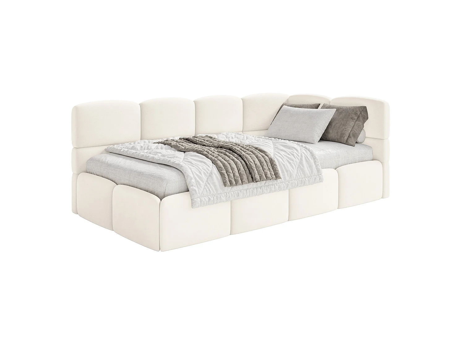 Lit ado 90x200 avec matelas – tête de lit à droite – velours Crème – CLOUDY