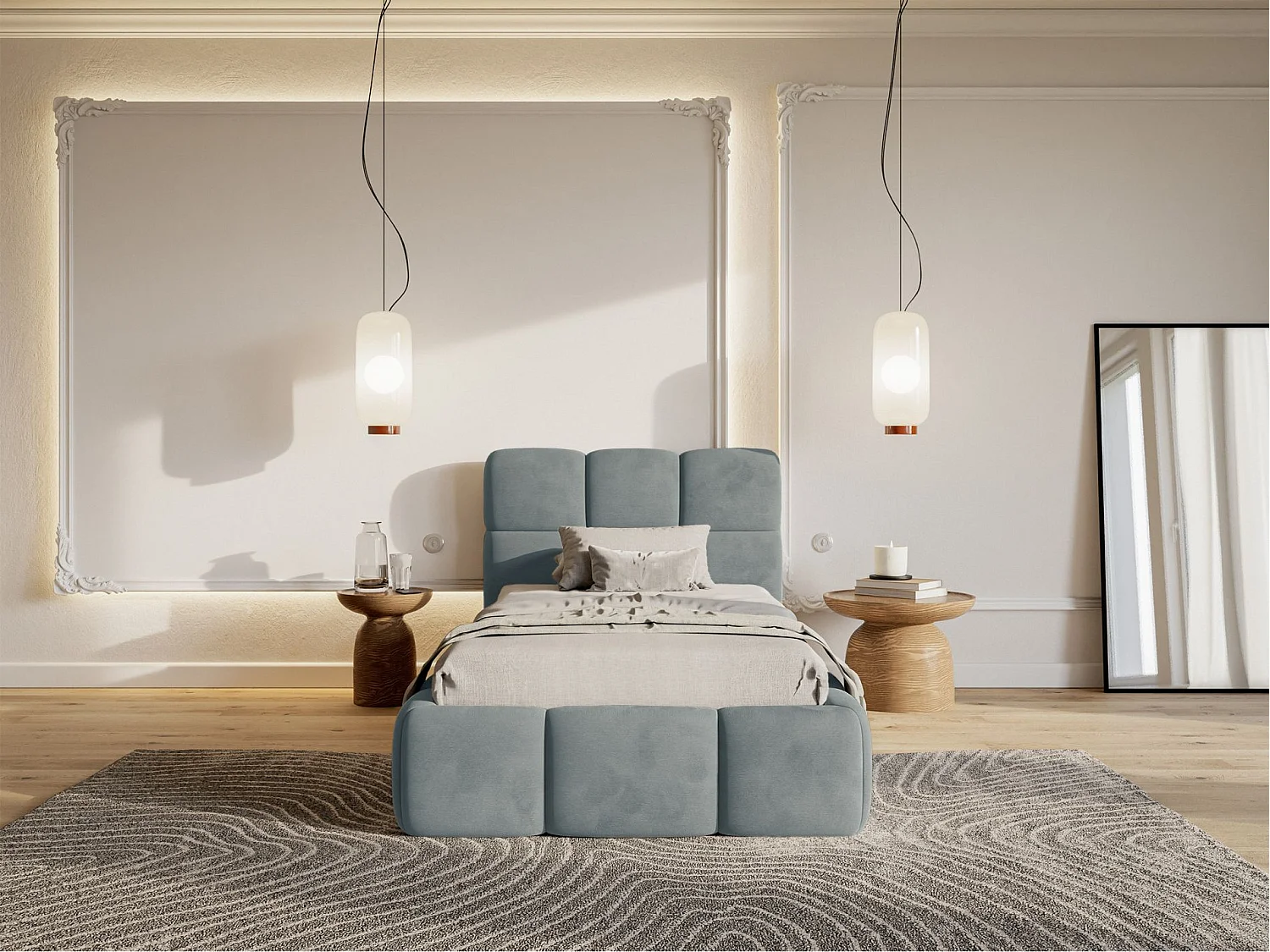 Lit rembourré 90x200 – avec coffre – Velours Gris – CLOUDY