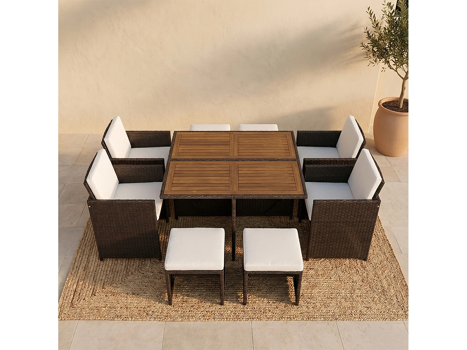 Salon de jardin 8 pl en résine marron et coussins beige + housse TOLEDO