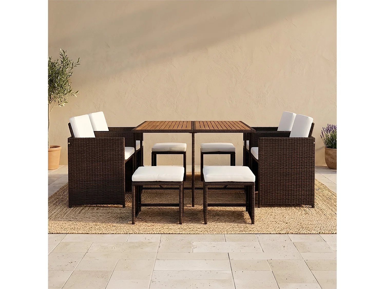 Salon de jardin 8 pl en résine marron et coussins beige + housse TOLEDO