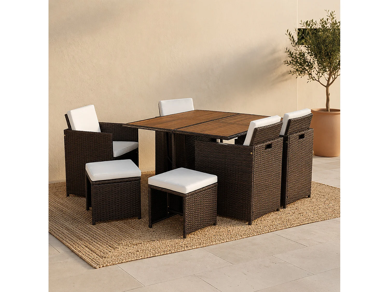 Salon de jardin 8 pl en résine marron et coussins beige + housse TOLEDO