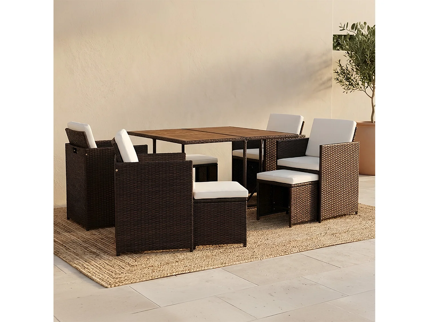Salon de jardin 8 pl en résine marron et coussins beige + housse TOLEDO