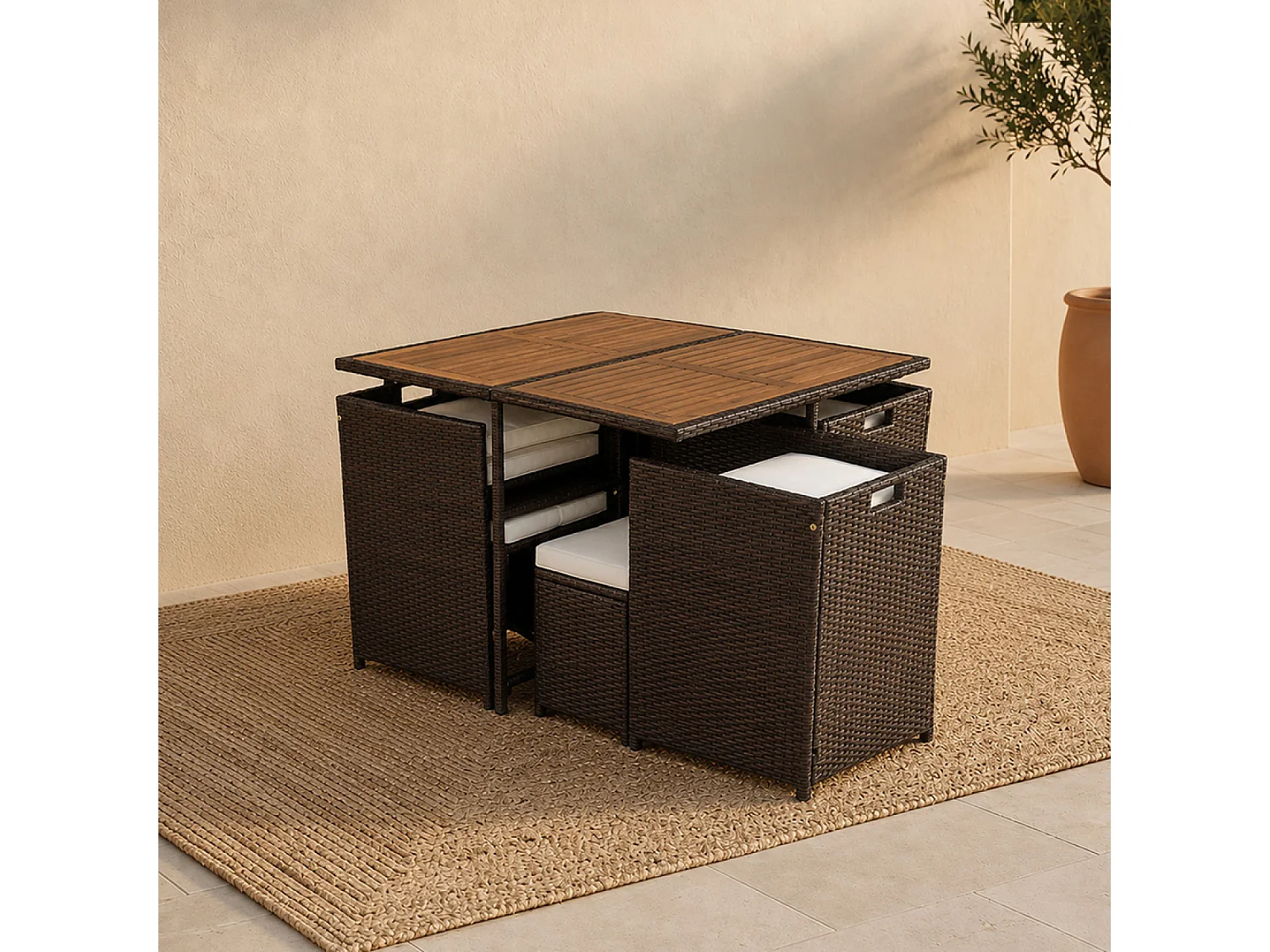 Salon de jardin 8 pl en résine marron et coussins beige + housse TOLEDO