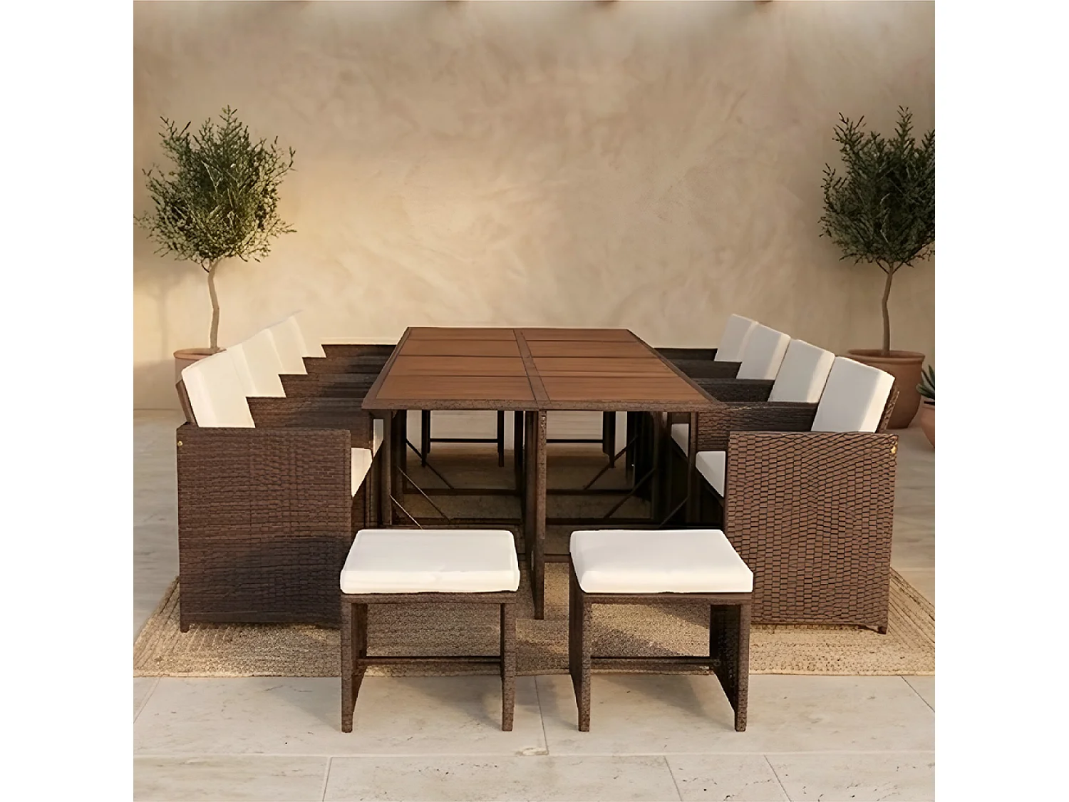 Salon de jardin 12 pl en résine marron et coussins beige + housse TOLEDO