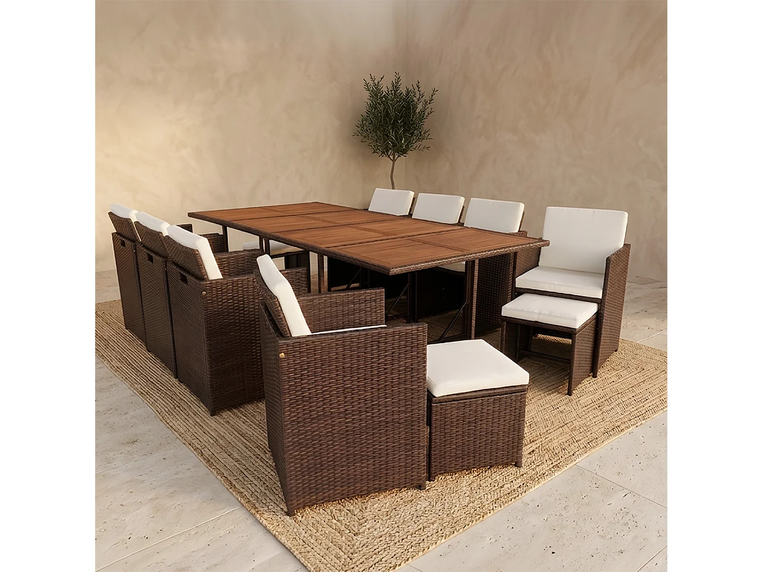 Salon de jardin 12 pl en résine marron et coussins beige + housse TOLEDO