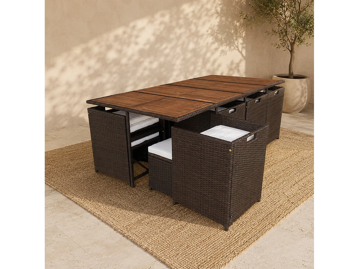 Salon de jardin 12 pl en résine marron et coussins beige + housse TOLEDO