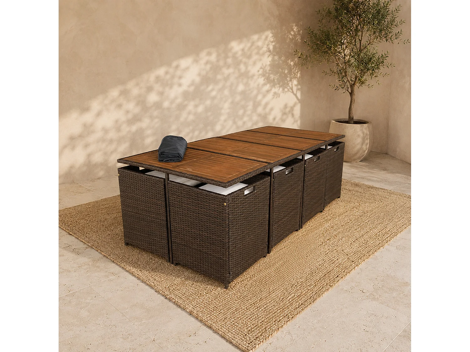 Salon de jardin 12 pl en résine marron et coussins beige + housse TOLEDO