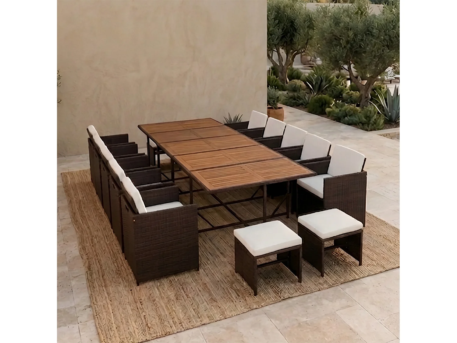 Salon de jardin 14 pl en acacia et résine marron + housse TOLEDO