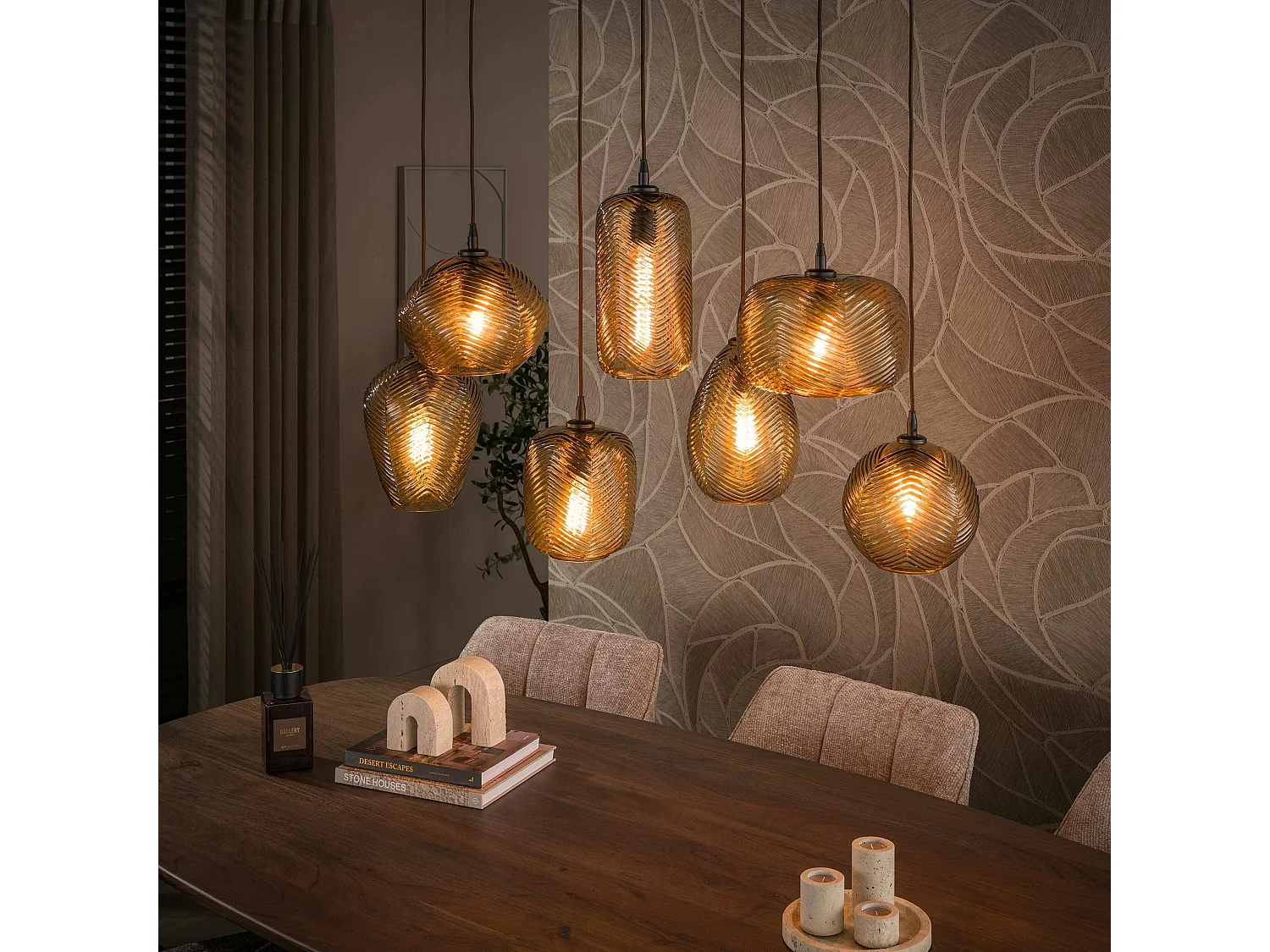 Suspension vintage verre brun fumé chevron 7 lampes NOVA