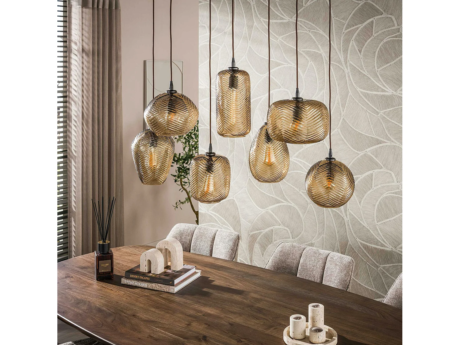 Suspension vintage verre brun fumé chevron 7 lampes NOVA