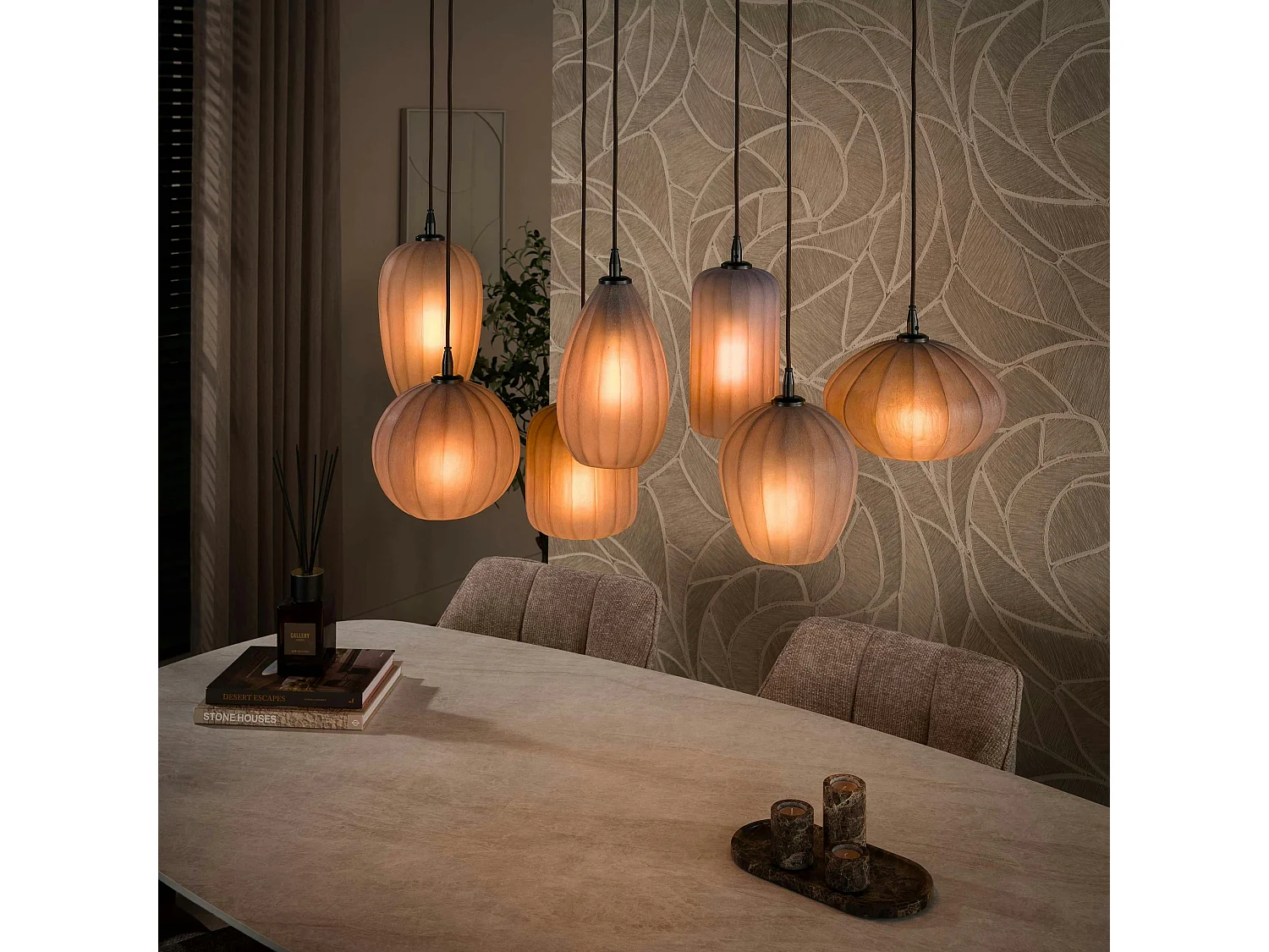 Suspension salle à manger verre brun dépoli 7 lampes NOVA