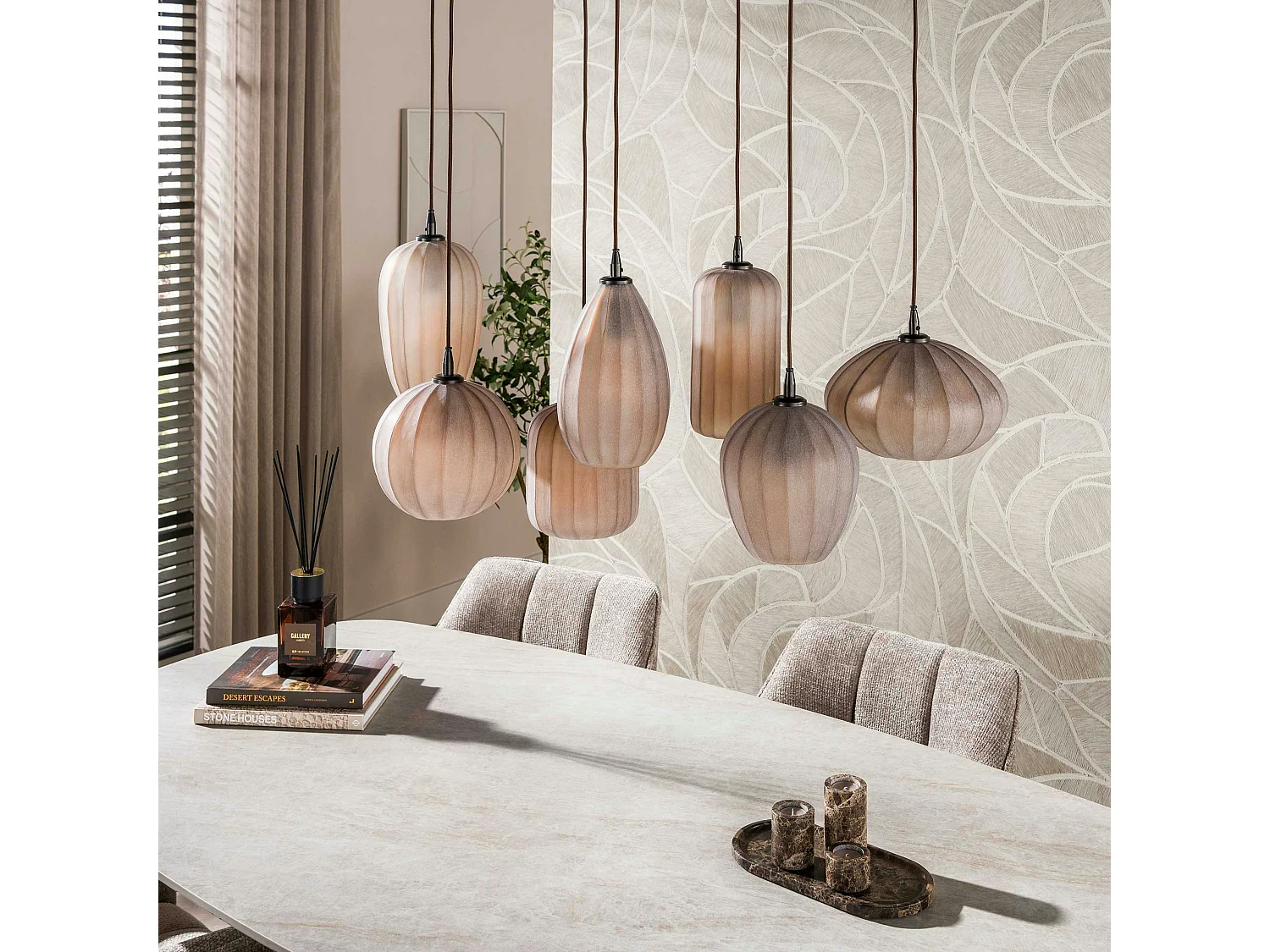 Suspension salle à manger verre brun dépoli 7 lampes NOVA