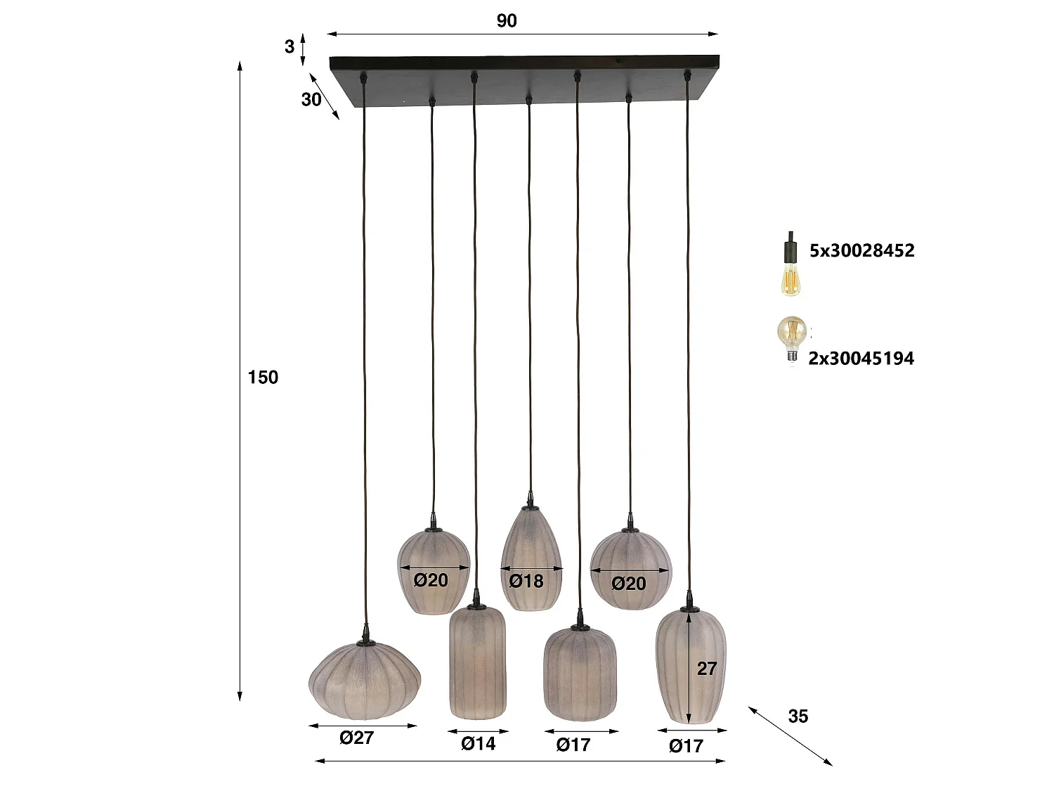 Suspension salle à manger verre brun dépoli 7 lampes NOVA