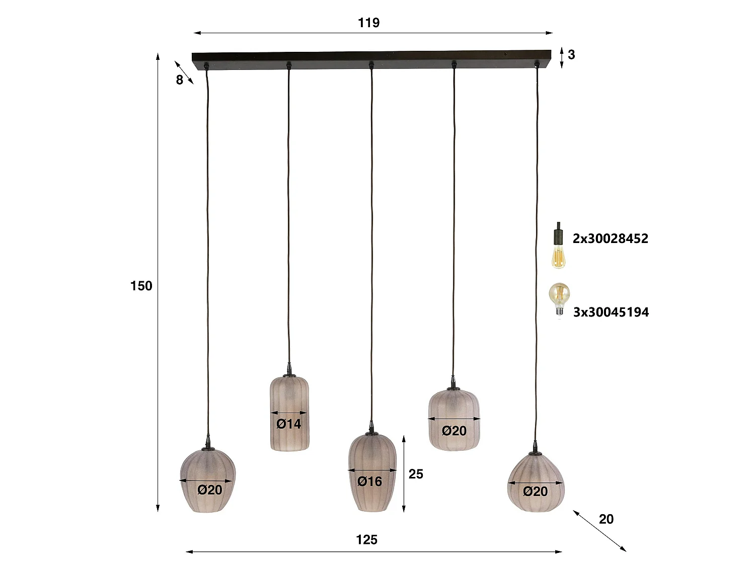 Suspension salle à manger verre brun dépoli 5 lampes NOVA