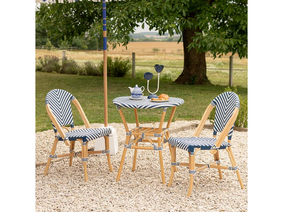Table à Manger en Rotin "Geo" 75cm Bleu & Blanc