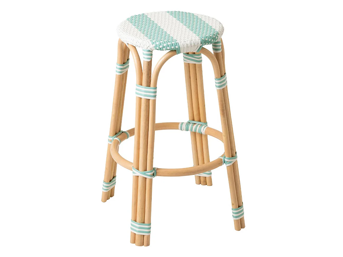Tabouret de Bar en Rotin "Reyes" 66cm Bleu & Blanc