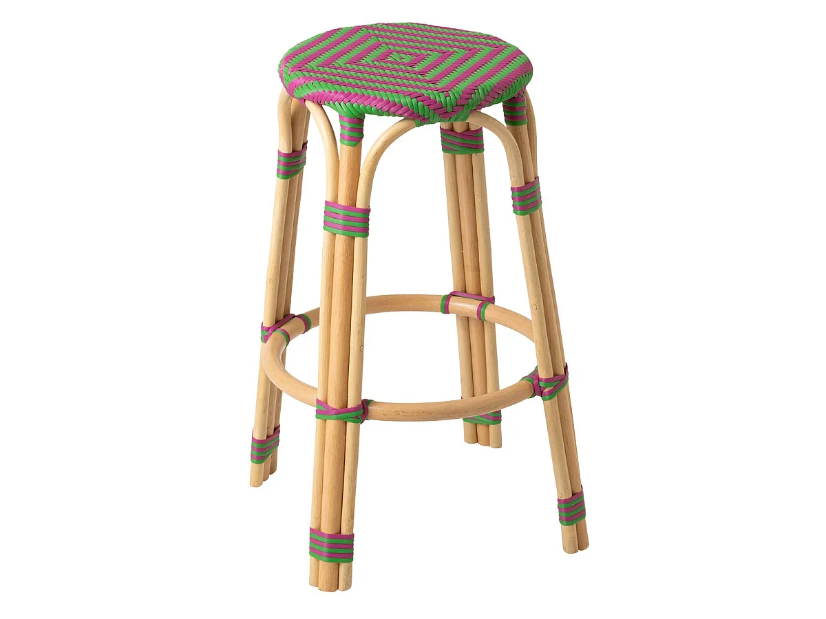Tabouret de Bar en Rotin "Geo" 66cm Rose & Vert